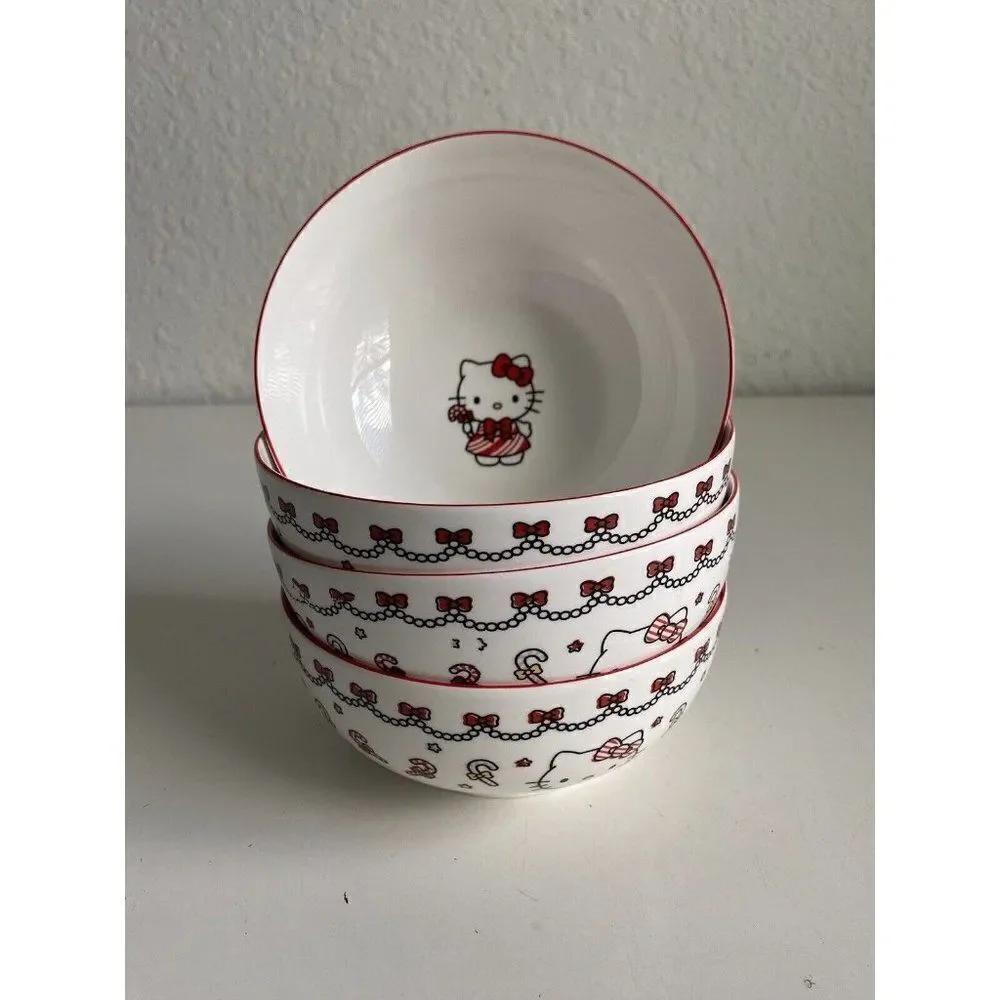 Set Of 4 Sanrio Hello Kitty Ceramic 27 Oz Bowl Christmas Candy Cane‎ Garland NEW